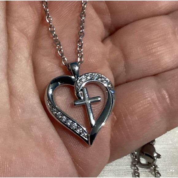Sentimental Silver Cz Diamond Pave Sparkling Heart Cross Necklace - Picture 8 of 16